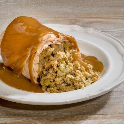 Roasted Sliced Turkey with Stuffing and Gravy