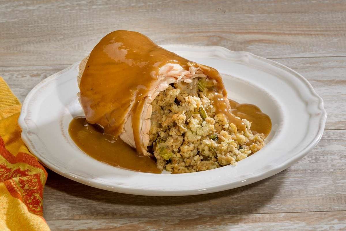 Roasted Sliced Turkey with Stuffing and Gravy